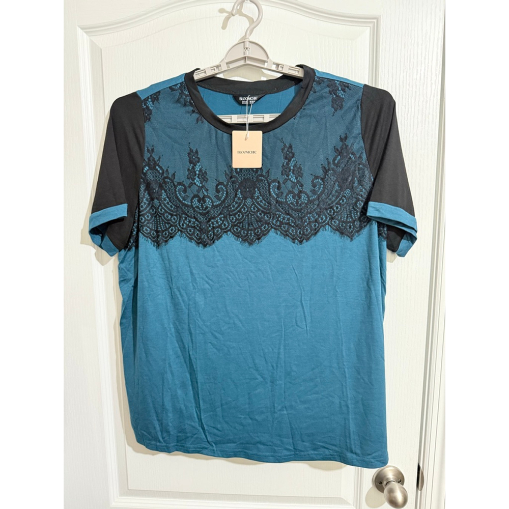 Women's BLOOMCHIC Teal & Black Lace Short Sleeve Tee Plus 18-20
